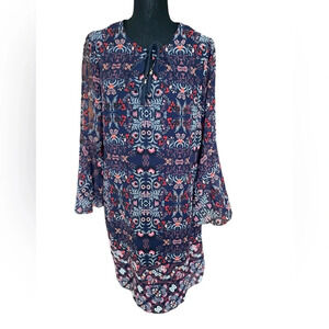 Vince Camuto Floral Boho Blue Tassel Tie Neck Bell Sleeve Shift Dress Size 10